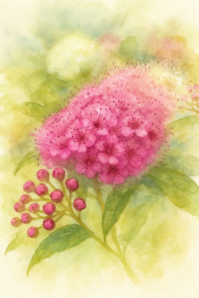 濃いピンクのシモツケの花房を水彩画風に描いた植物イラスト｜雄しべの密度感を柔らかい筆致で表現