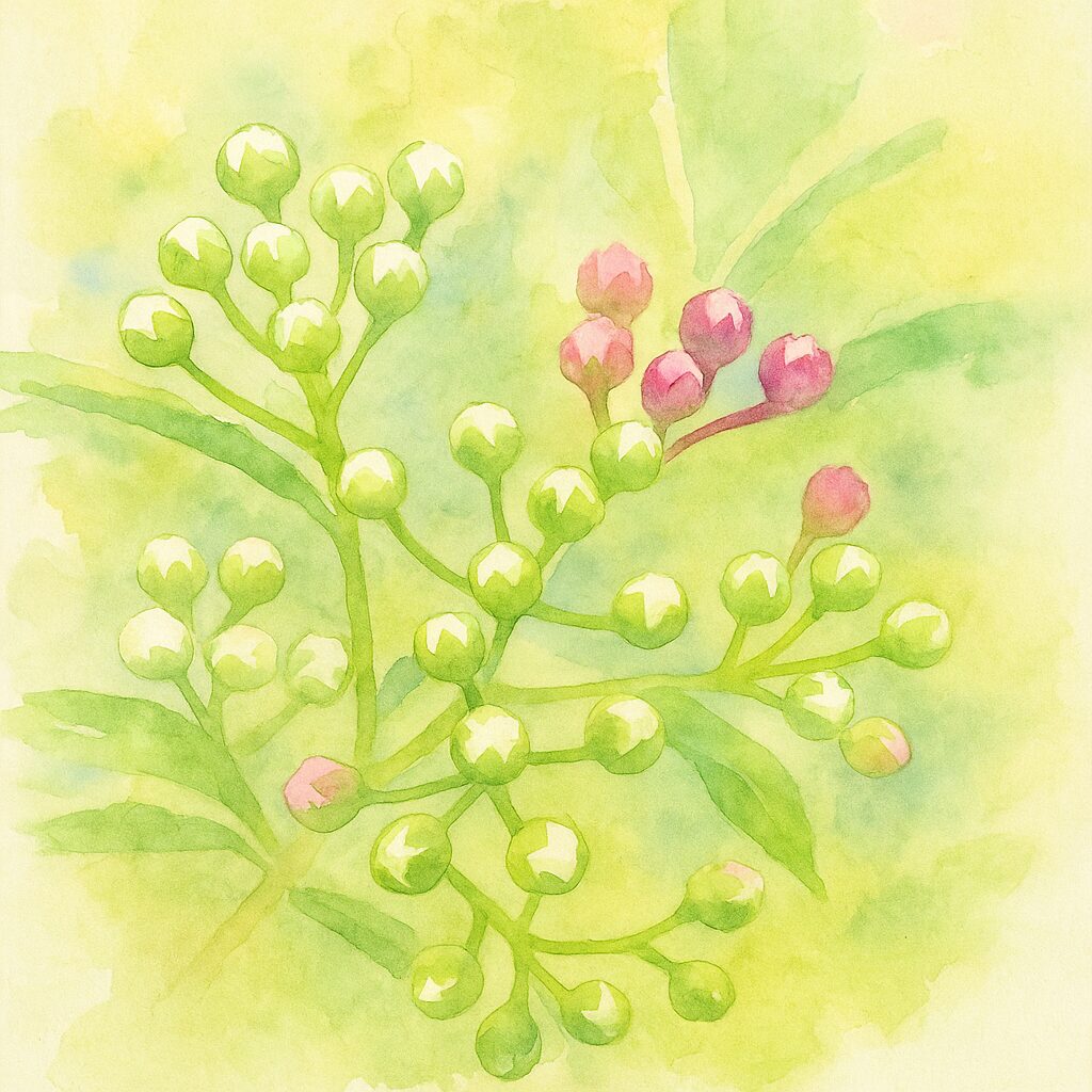 シモツケの白とピンクへ色づく前の蕾を水彩画風に描いた植物イラスト｜淡い背景で球状の蕾を柔らかく表現