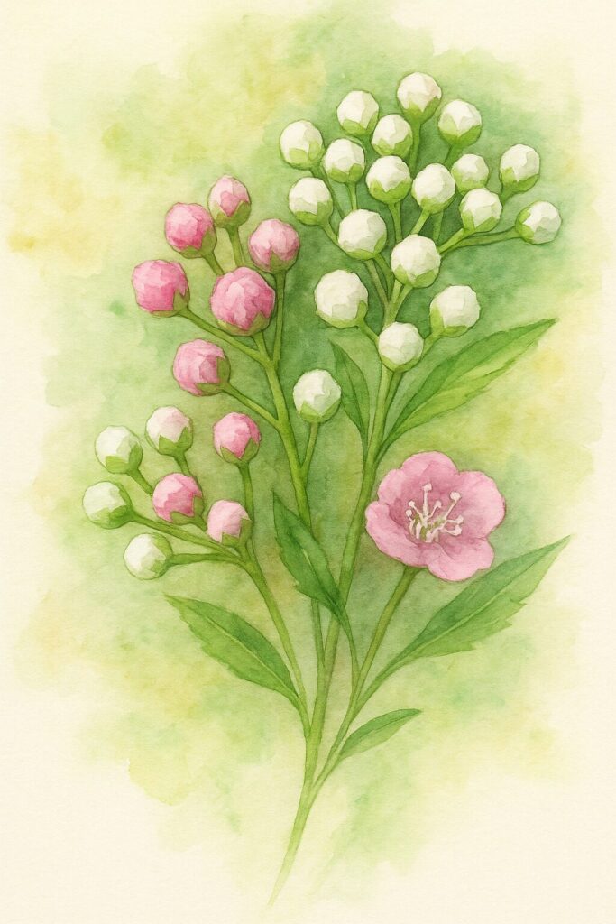 白い蕾と薄桃色の蕾が混じり一輪だけ開いたシモツケを水彩画風に描いた植物イラスト｜淡い緑背景で柔らかい雰囲気