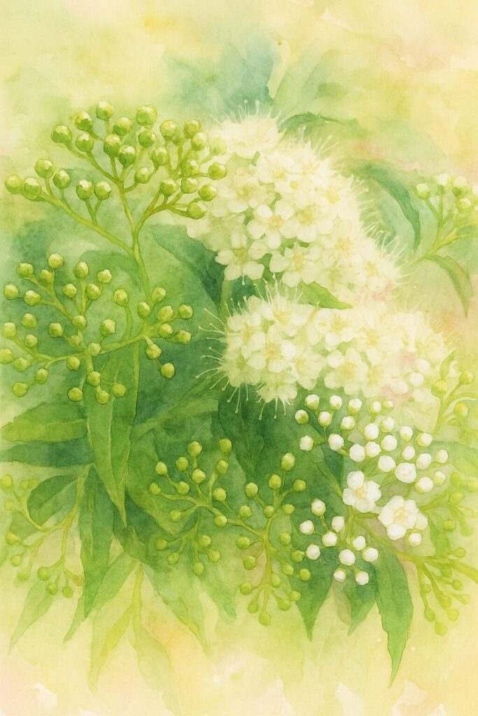 白い花房と多数の蕾がついたシモツケを水彩画風で描いた植物イラスト｜白花主体の淡彩タッチで初夏を表現