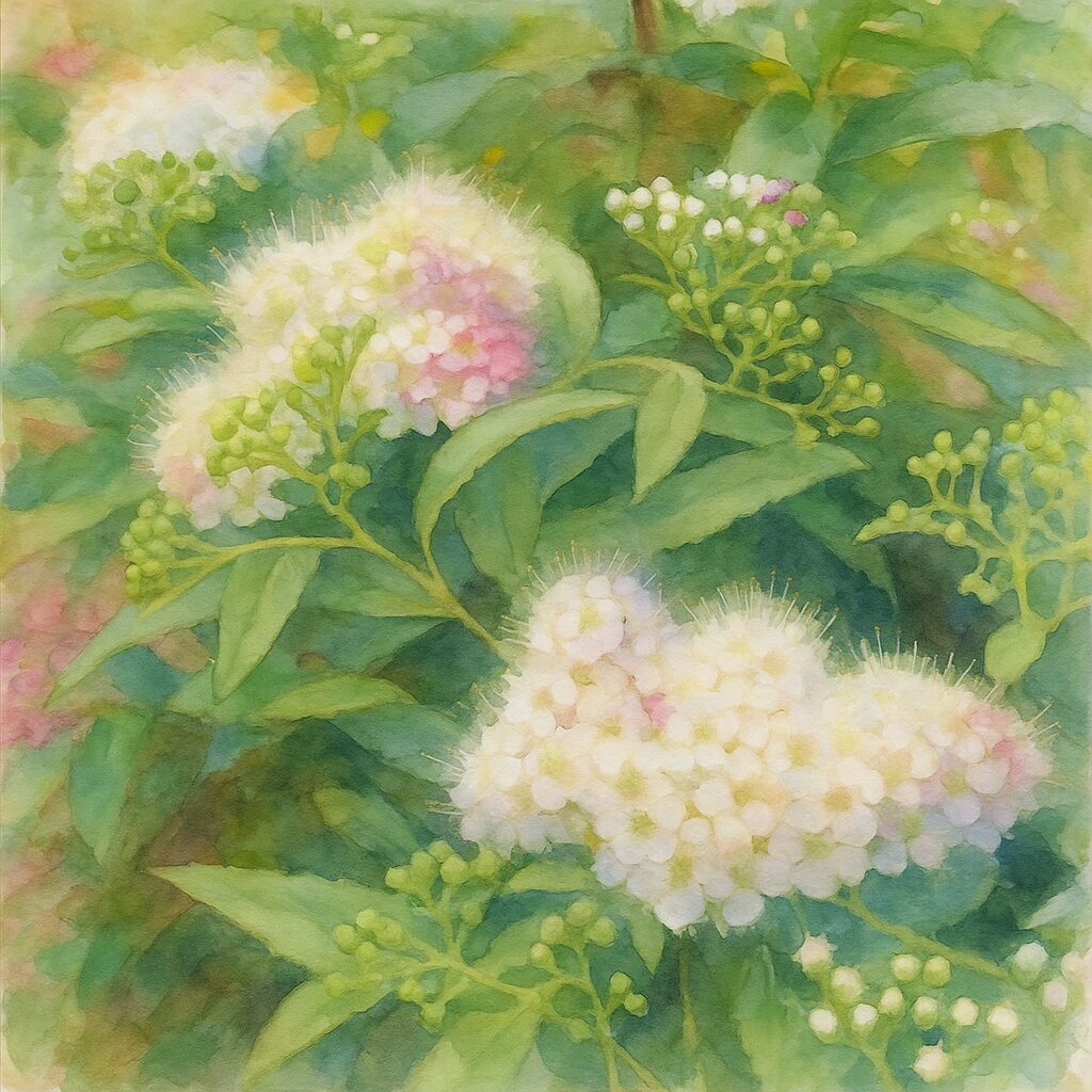 白い花房と淡ピンクが混じるシモツケを群生で描いた水彩画風植物イラスト｜緑の葉と蕾が柔らかく表現された淡彩