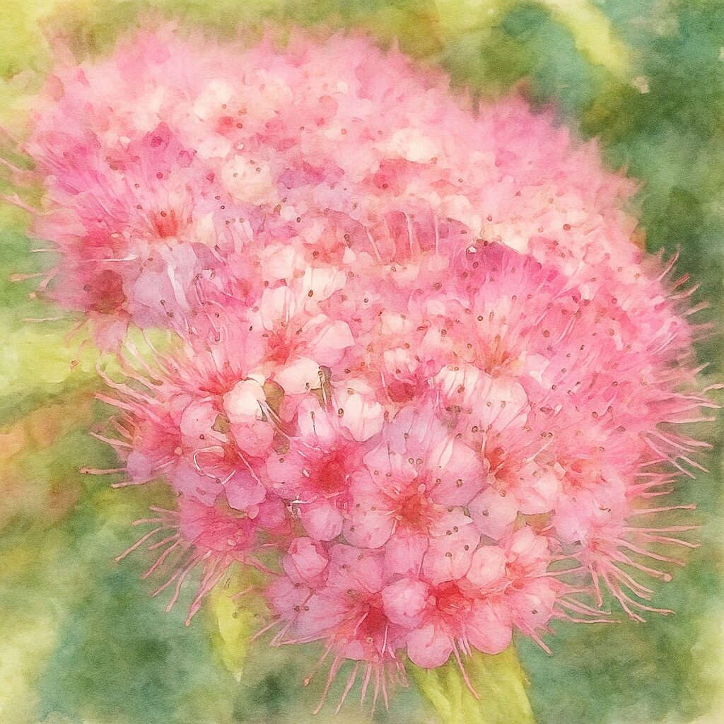 濃いピンクの小花が密集して咲くシモツケを水彩画風に描いた植物イラスト｜光を受けた雄しべのきらめきを淡彩で表現