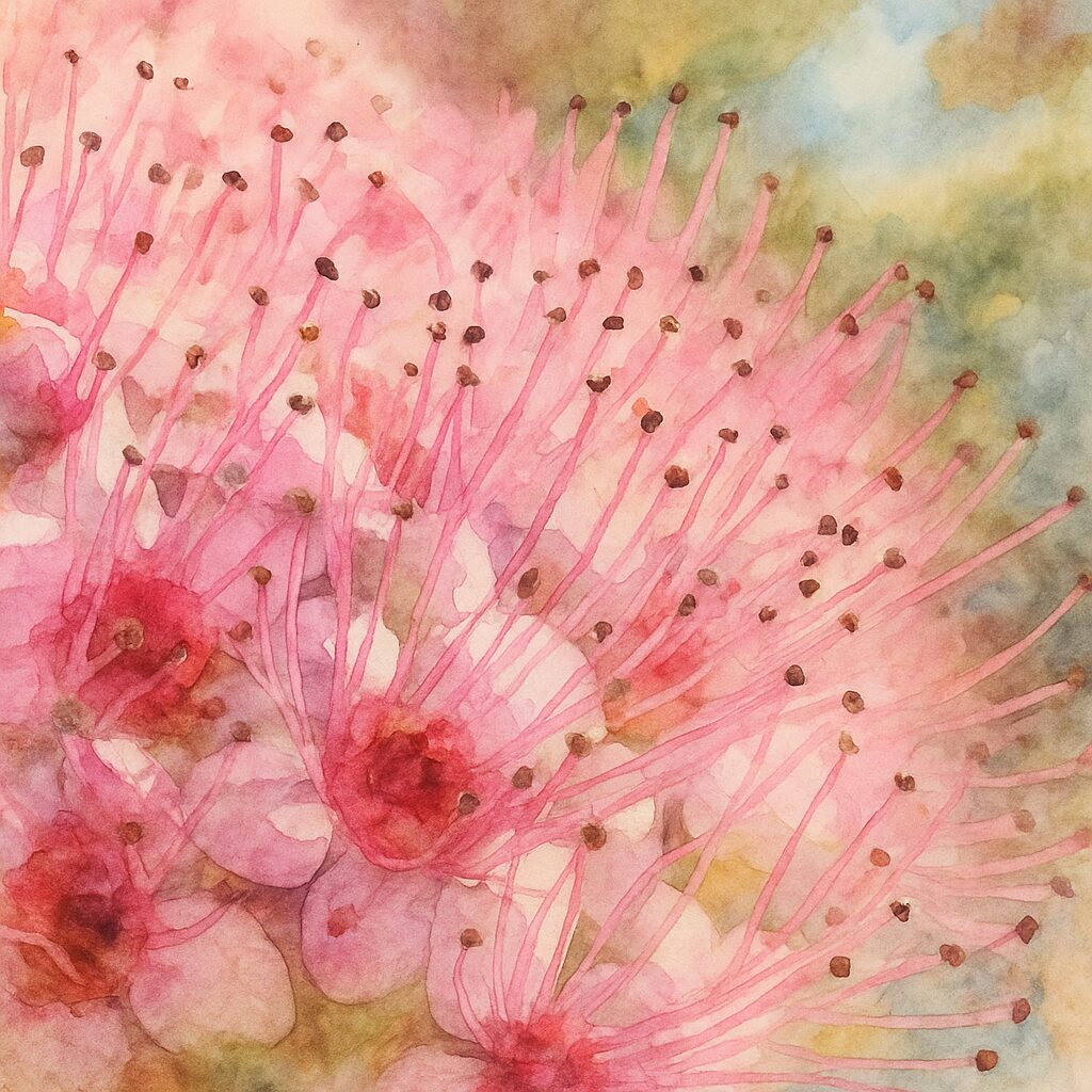 濃いピンクのシモツケの花を極アップで描いた水彩画風植物イラスト｜長い雄しべと黒い葯を淡彩で表現