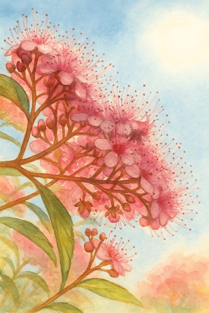 青空と太陽を背景に逆光で濃いピンクのシモツケを描いた水彩画風イラスト｜見上げ構図で雄しべが柔らかく発光する表現