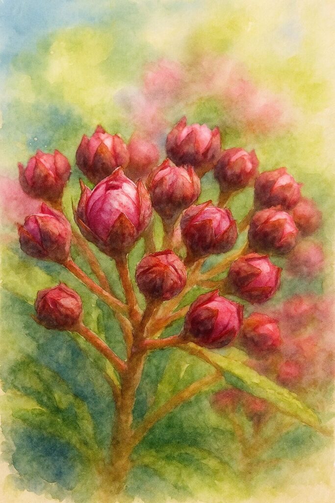 濃いピンクのシモツケの蕾を水彩画風に描いた植物イラスト｜産毛感のある萼片と球状の蕾を柔らかく表現