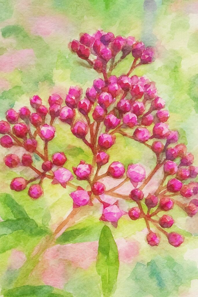 濃いピンクのシモツケの蕾を群生で描いた水彩画風植物イラスト｜開花直前の球状蕾を柔らかく表現した淡彩タッチ