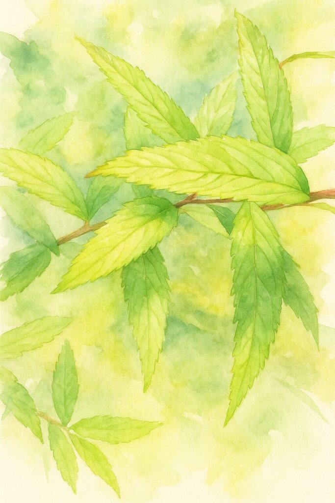 シモツケの鋸歯状の葉を水彩画風に描いた植物イラスト｜新緑の葉脈と淡い光を柔らかく表現
