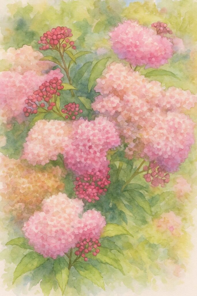 濃淡の違うピンクの花房が群生するシモツケを水彩画風で描いた植物イラスト｜蕾から咲き進み枯れ色まで表現した淡彩タッチ