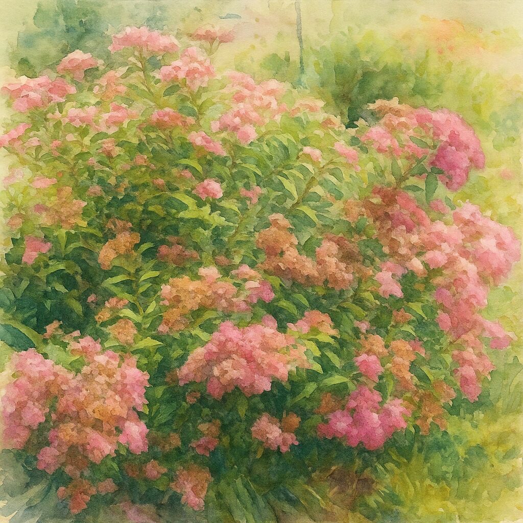 濃淡の異なるピンクと褪色花が混在するシモツケの群生株を水彩画風に描いた植物イラスト｜満開と終わりかけの花房を柔らかい淡彩で表現