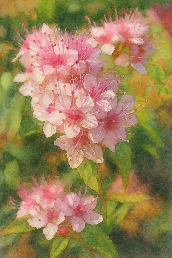 淡いピンクの花びらと長い雄しべが可憐なシモツケを水彩画風に描いた植物イラスト｜淡彩で柔らかい初夏の雰囲気