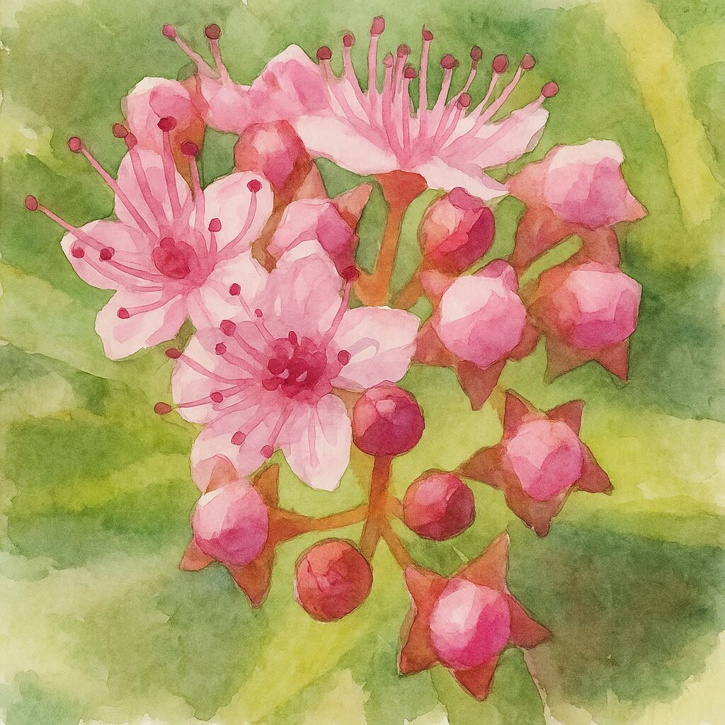 淡いピンクの花と濃いピンクの蕾が同時に付いたシモツケを水彩画風に描いた植物イラスト｜星形の萼片と蕾の対比を柔らかく表現