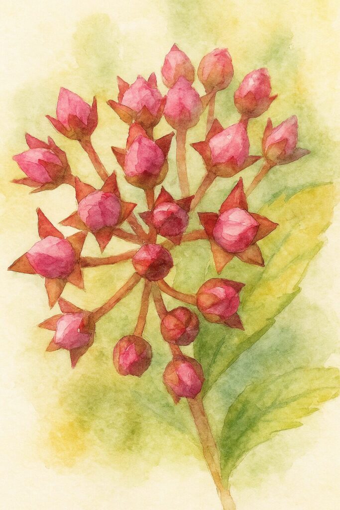 星形の萼片と鮮やかなピンクの蕾を中心に描いたシモツケの水彩画風イラスト｜開花前の質感を柔らかく表現