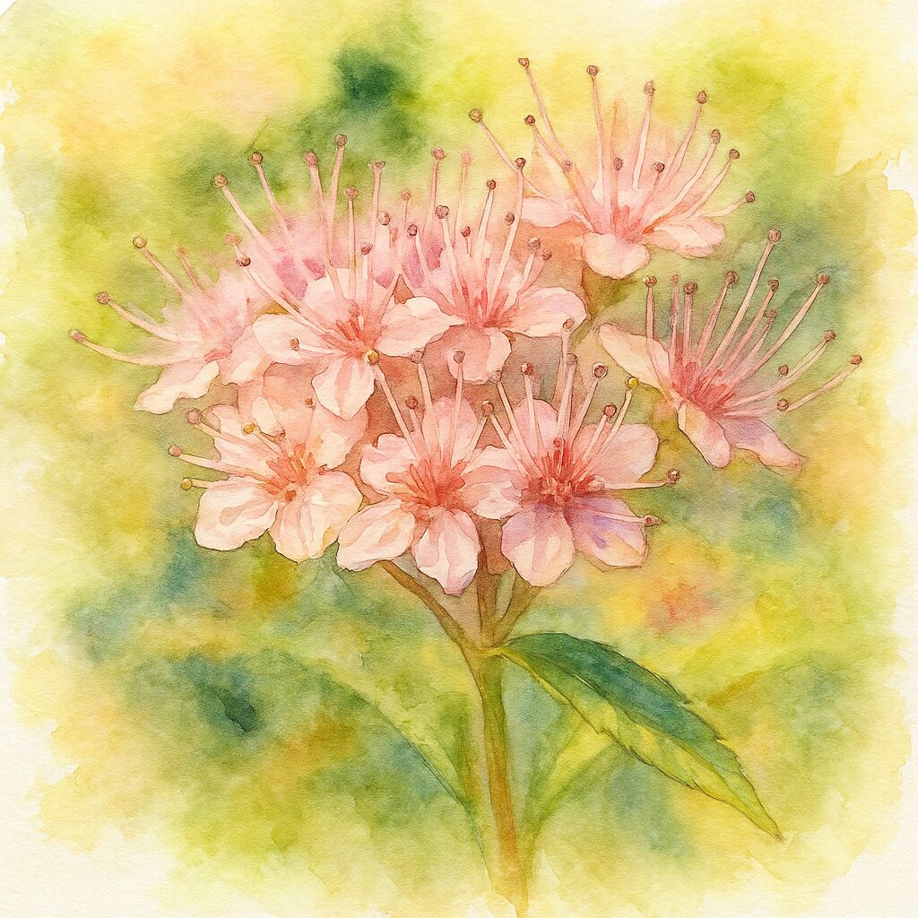 淡いピンク色のシモツケの満開の花と細い雄しべを柔らかく描いた水彩画風イラスト｜初夏の開花表現