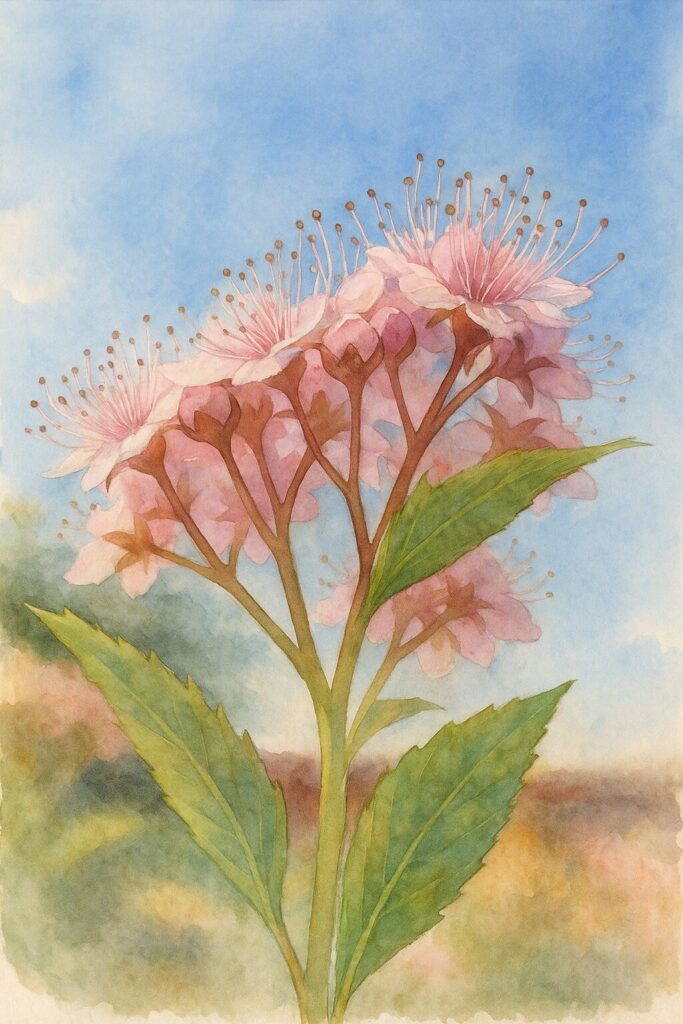 青空を背景にシモツケの淡いピンクの花を描いた水彩ボタニカルイラスト