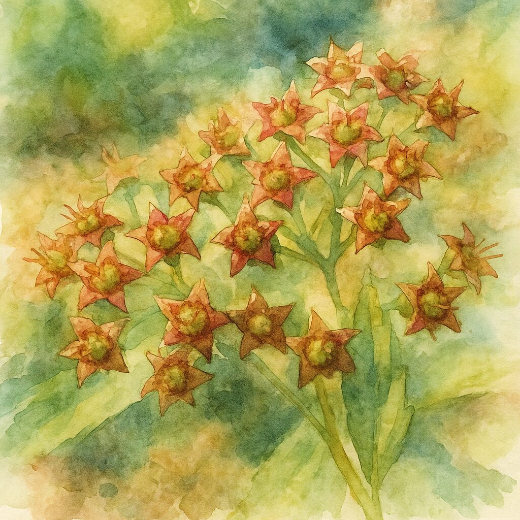 シモツケの花後の星形の萼と未熟な実を描いた水彩画風のボタニカルイラスト