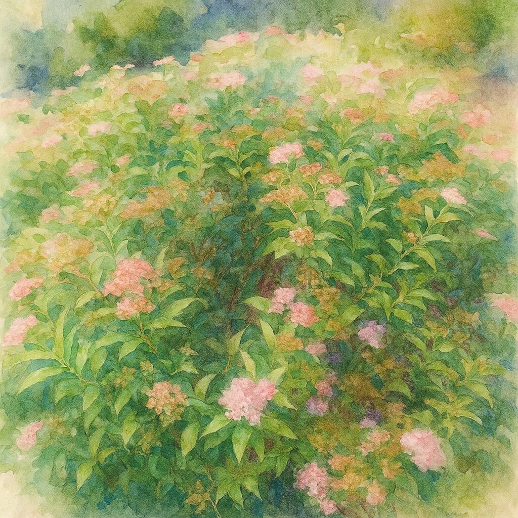 淡いピンクの花が咲き揃ったシモツケの大株を柔らかなタッチで描いた水彩画風ボタニカルイラスト