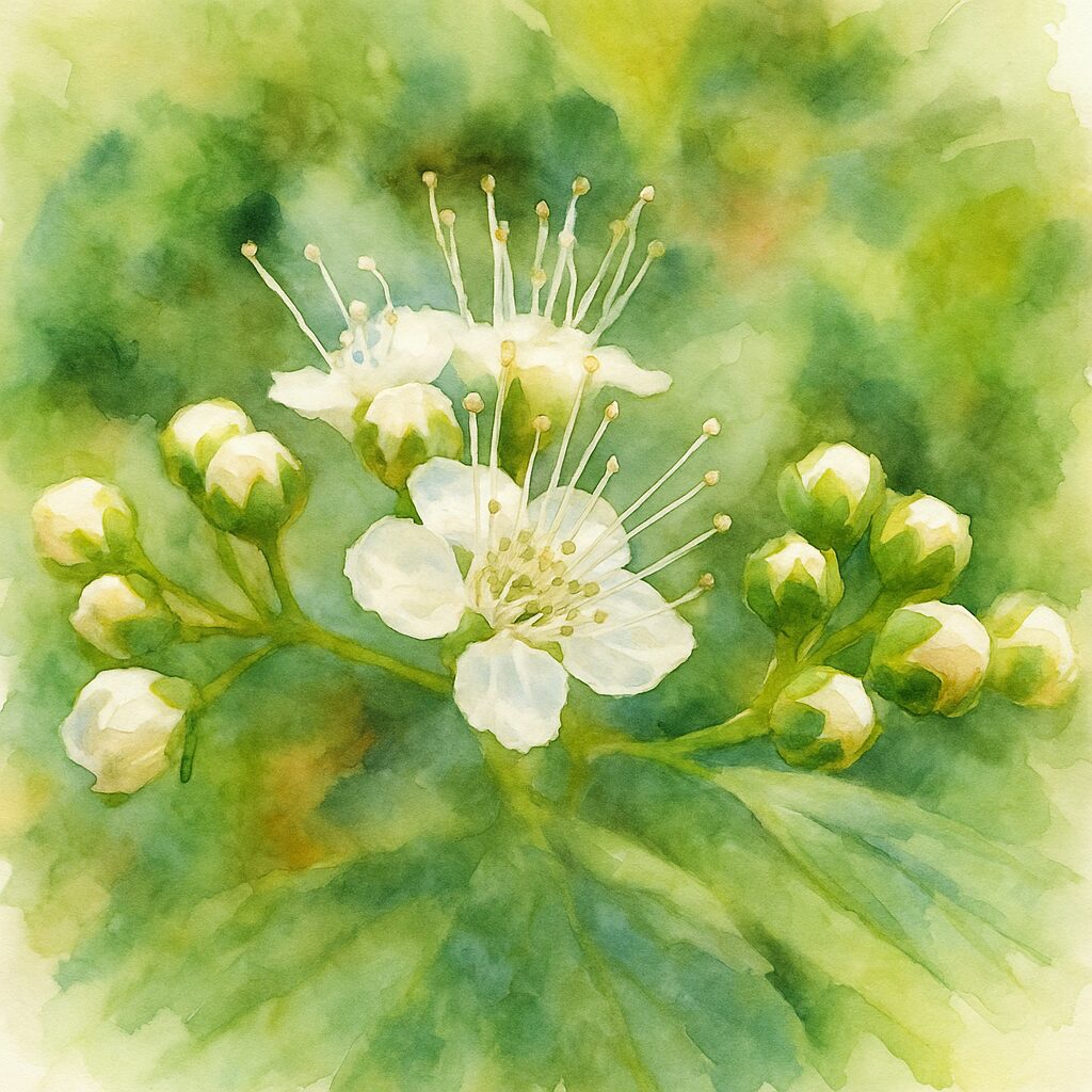 日本の野草シモツケ（下野）の白い花と蕾をモチーフにしたプロレベル水彩画風イラスト。中心の白花と蕾が淡い緑の柔らかなぼかし背景で描かれた作品