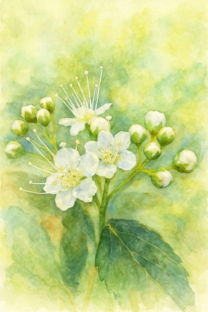 日本の野草シモツケ（下野）の白い花と蕾をモチーフに描いたプロレベル水彩画風イラスト。淡い緑の柔らかい背景と白い花弁が際立つ作品