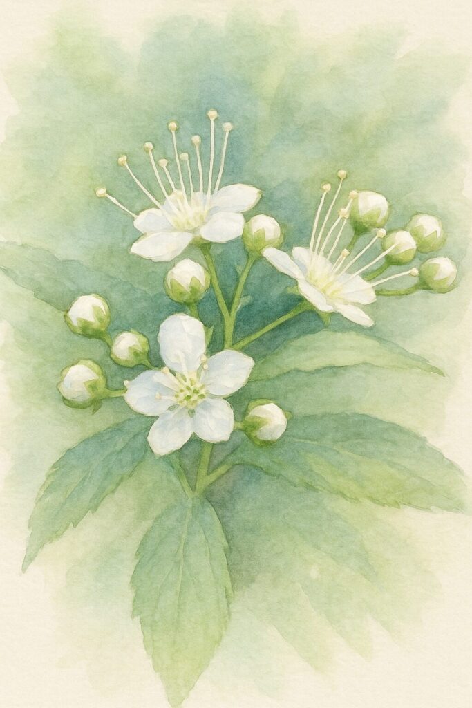 日本の野草シモツケ（下野）の白花と蕾をモチーフに描いた水彩画風イラスト。淡い緑のぼかし背景と柔らかい白花が調和した植物アート作品