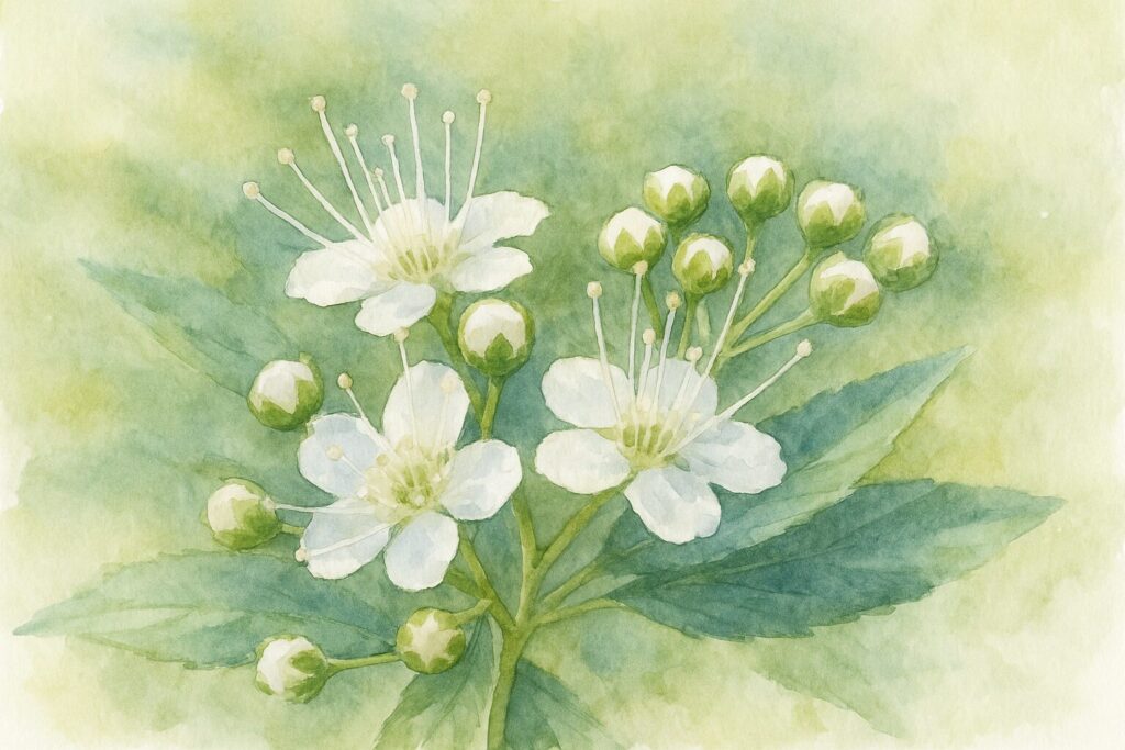 日本の野草シモツケ（下野）の白花と蕾を描いた水彩画風イラスト。繊細な白い花弁と淡い緑の柔らかな背景が調和した植物アート作品