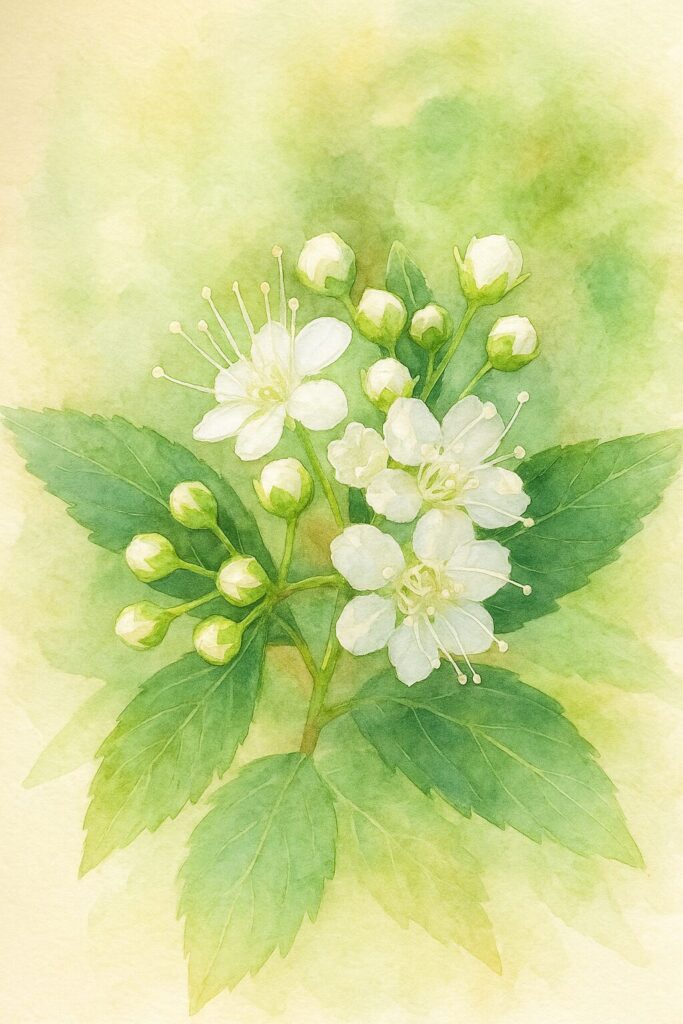 日本の野草シモツケ（下野）の白花と蕾を真上構図で描いた水彩画風イラスト。淡い緑背景と白い花弁が柔らかく溶け合う植物アート作品