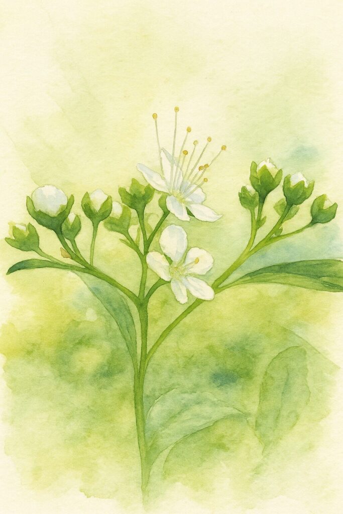 日本の野草シモツケ（下野）の白い花と蕾を横構図で描いた水彩画風イラスト。淡い緑背景で白花が浮かび上がる植物アート作品