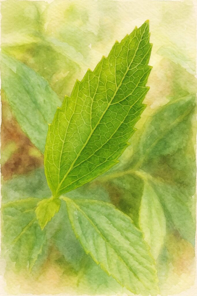 日本の野草シモツケ（下野）の葉をモチーフに描いた水彩画風イラスト。細かな葉脈と鋸歯状の葉先が淡い緑背景に浮かぶ植物アート作品