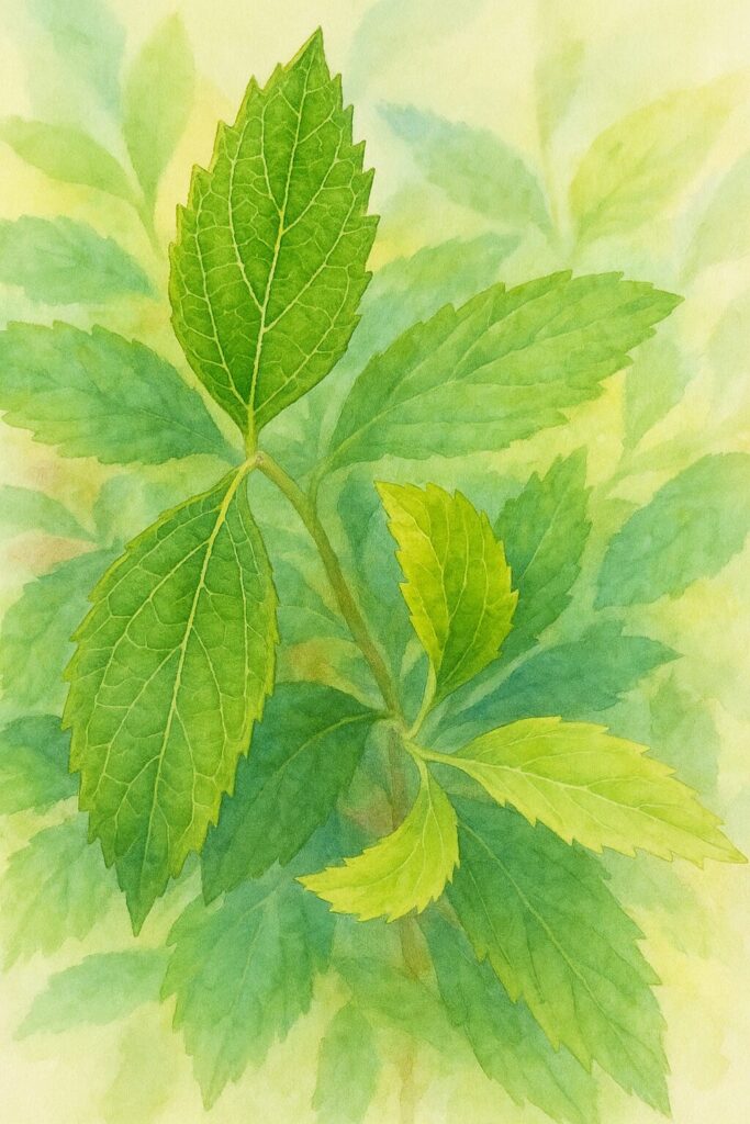 日本の野草シモツケ（下野）の葉を複数枚まとめて描いた水彩画風イラスト。新芽の淡い黄緑色と成葉の濃い緑が柔らかい背景に調和した植物アート作品