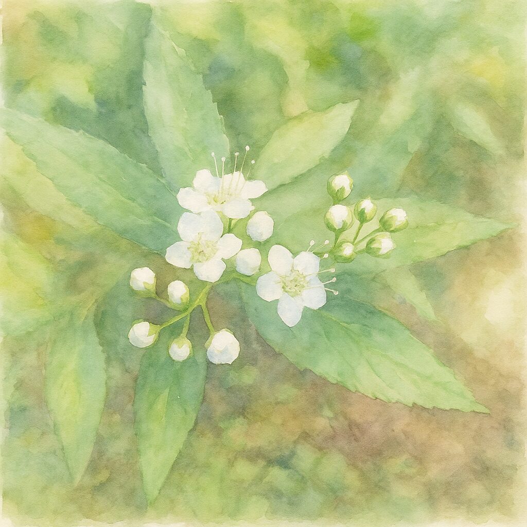 日本の野草シモツケ（下野）の白い花と蕾を真上構図で描いた水彩画風イラスト。淡い緑背景に白花が柔らかく浮かぶ植物アート作品