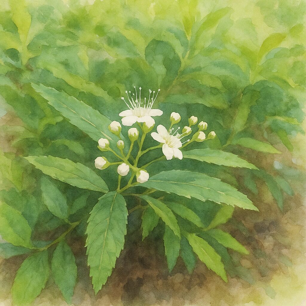 日本の野草シモツケ（下野）の白花と蕾を株全体で描いた水彩画風イラスト。淡い緑背景に植物のボリューム感が柔らかく表現された作品