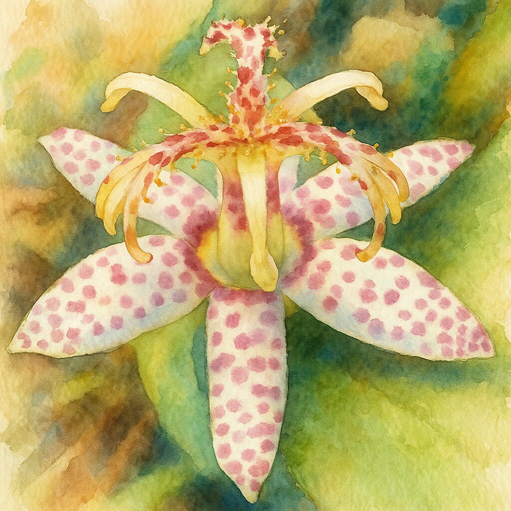 白い花びらに紫の斑点が入ったホトトギスの花を水彩画風で描いたボタニカルイラスト