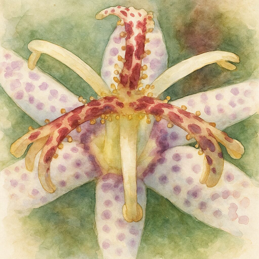 白い花びらに紫色の斑点が入ったホトトギスの花芯を寄りで描いた水彩ボタニカルイラスト