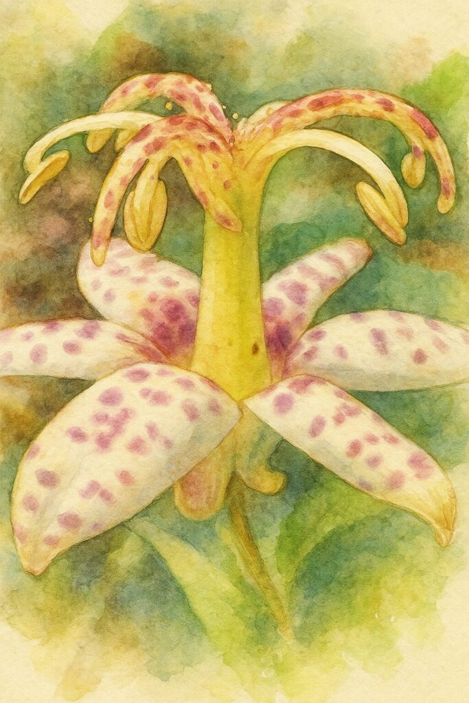 白い花びらに紫色の斑点模様が入ったホトトギスの花を横方向から描いた水彩ボタニカルイラスト