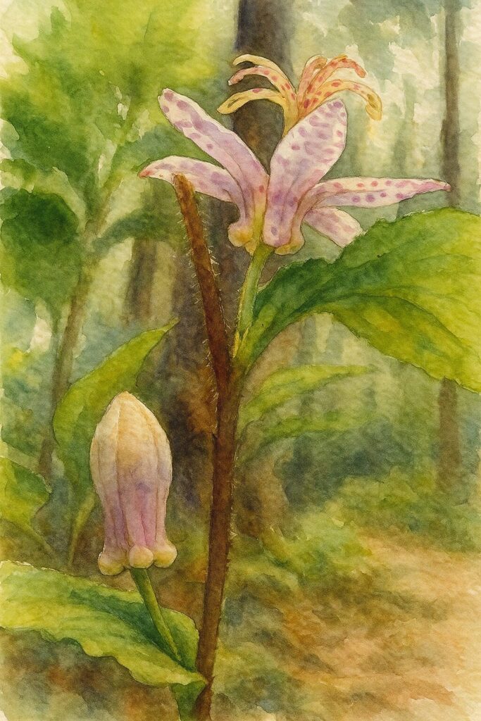 森の林床に咲くホトトギスの花と蕾を下から見上げた構図で描いた水彩ボタニカルイラスト