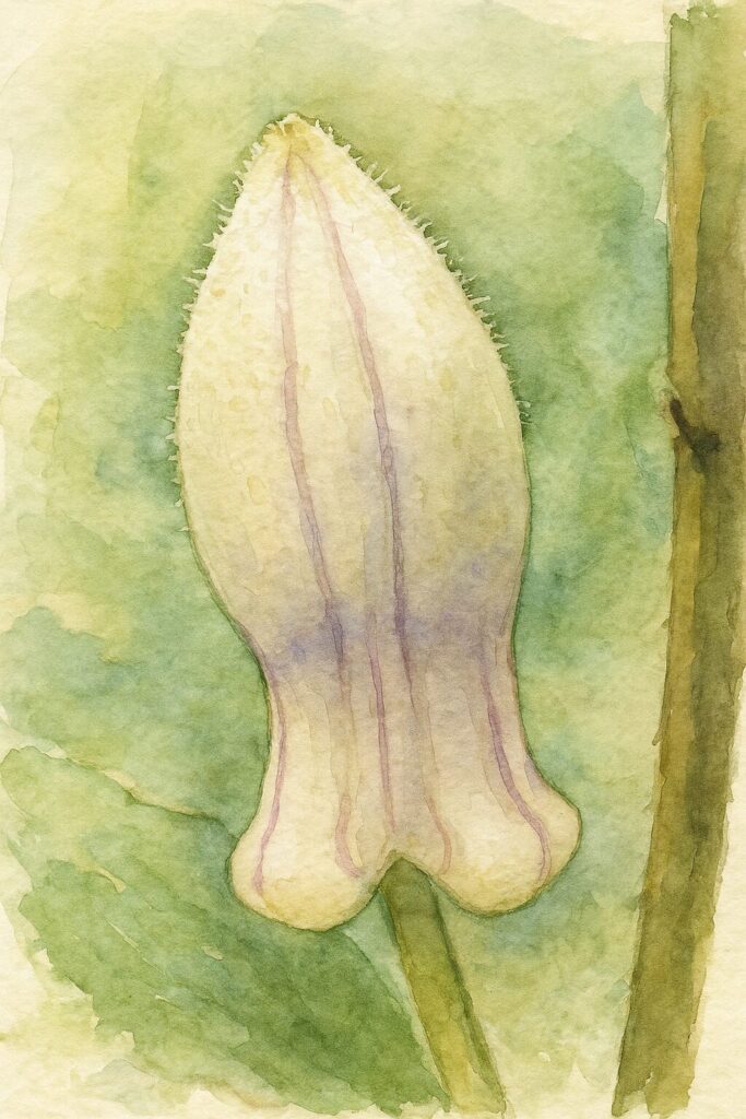 細かな毛が生えたホトトギスの蕾を水彩タッチで描いたボタニカルイラスト