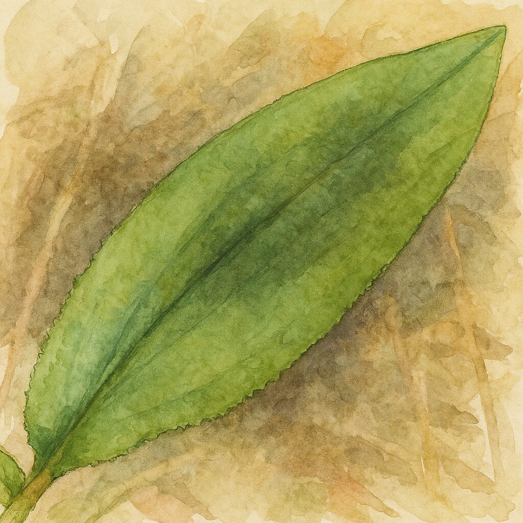 細かな縁毛があるホトトギスの細長い葉を水彩タッチで描いたボタニカルイラスト