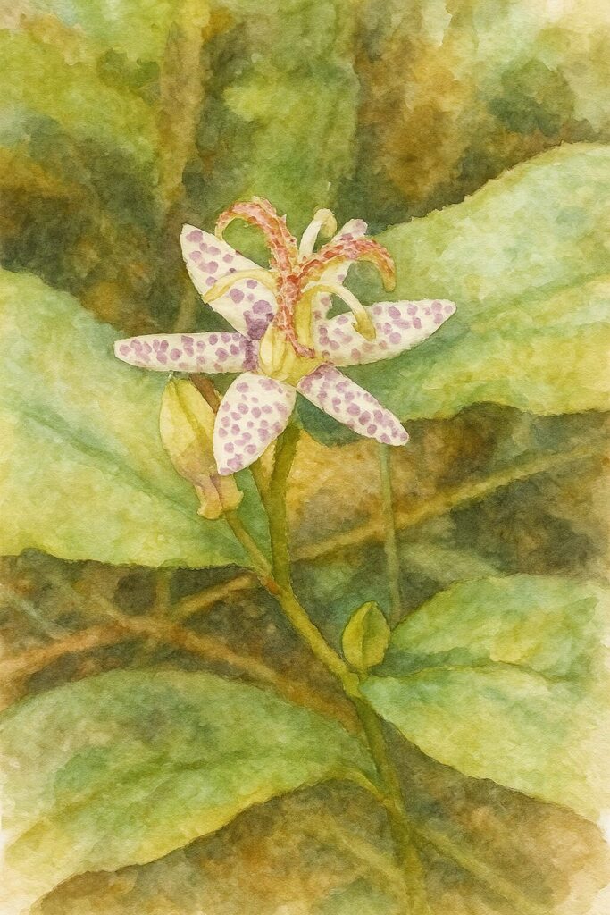 白い花びらに紫の斑点が入ったホトトギスの花と葉と蕾をまとめて描いた水彩ボタニカルイラスト