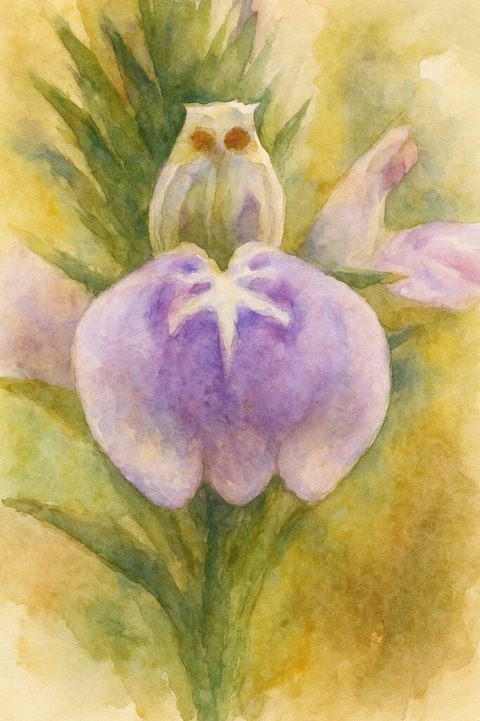 キツネノマゴの紫色の花を水彩画風で描いたアート作品｜白い星形模様が入った花冠を強調したボタニカル水彩イラスト