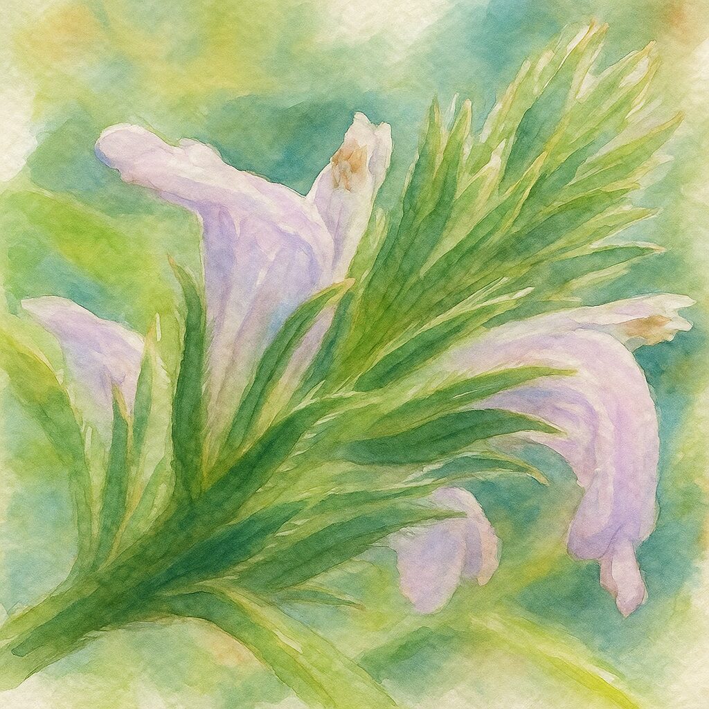 キツネノマゴの薄紫色の花を横構図で描いた水彩画風イラスト｜苞葉の立体感と淡い色彩を表現したボタニカルアート