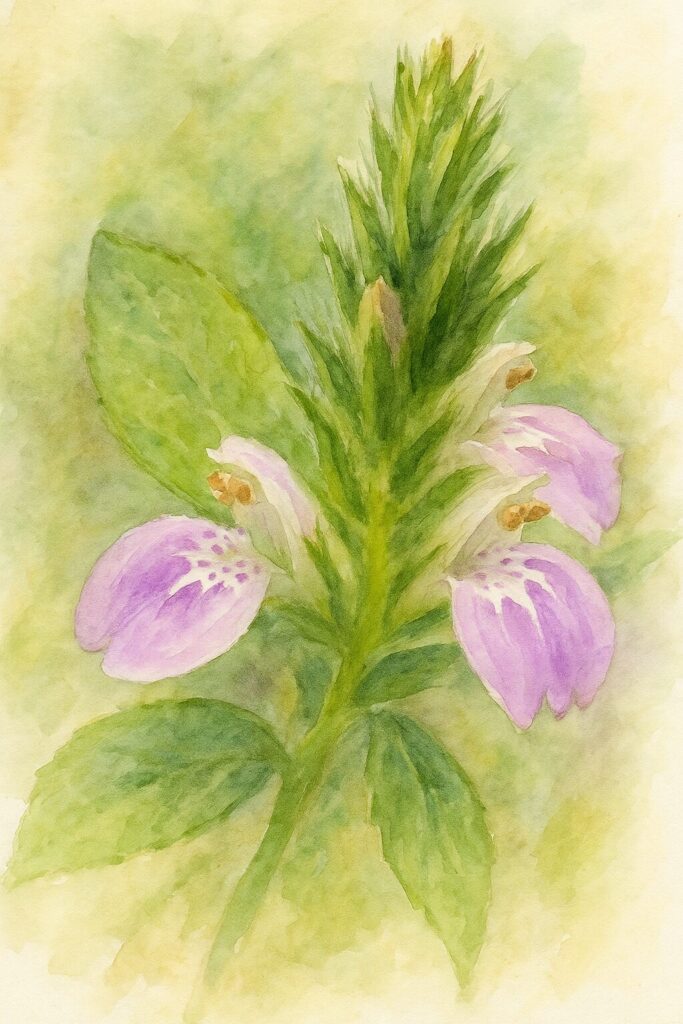 キツネノマゴの花序をやさしいタッチで描いた水彩画風イラスト｜薄紫の花冠と緑の苞葉の立体感を表現したボタニカルアート