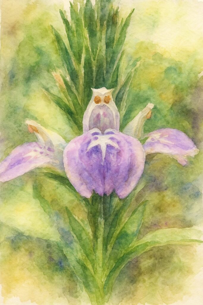 キツネノマゴの花を正面構図で描いた水彩画風イラスト｜薄紫色の花冠と白い星形模様を柔らかいタッチで表現したボタニカルアート