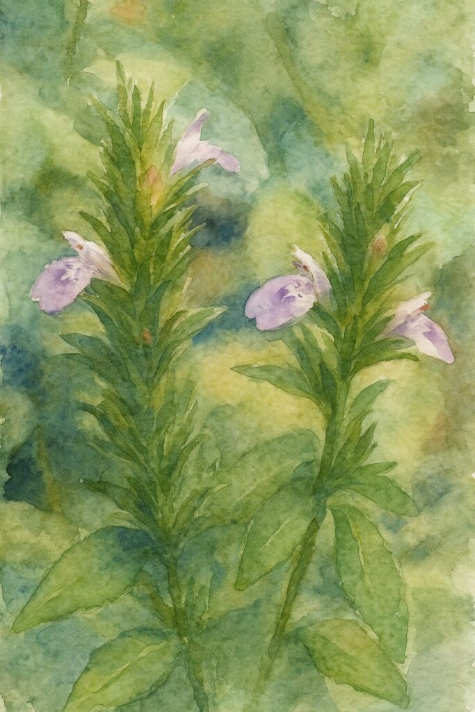 キツネノマゴの花茎が2本並ぶ姿を描いた水彩画風イラスト｜淡い紫の花と細い苞葉を柔らかい色彩で表現したボタニカルアート