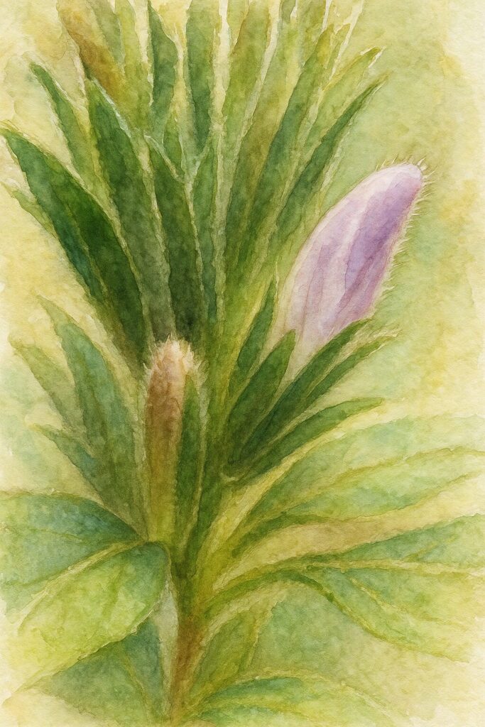 キツネノマゴの蕾を描いた水彩画風イラスト｜緑の苞葉と淡い紫色の蕾を柔らかいタッチで表現したボタニカルアート