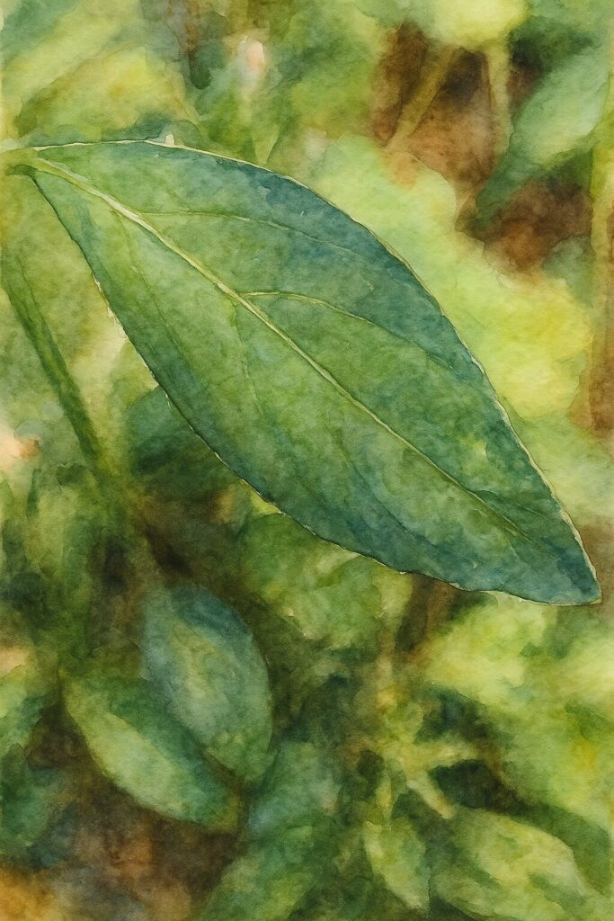 キツネノマゴの葉を一枚だけ大きく描いた水彩画風イラスト｜中央脈と緑の濃淡を柔らかく表現したボタニカルアート