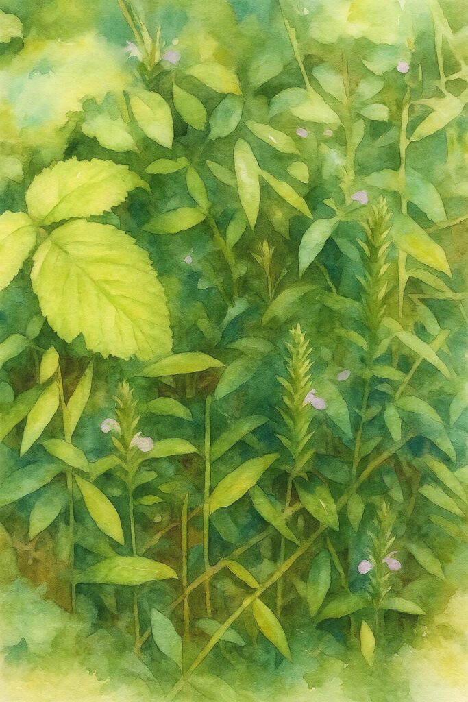 キツネノマゴが群生する様子を描いた水彩画風イラスト｜小さな薄紫色の花が緑の下草の中に散らばる自然風ボタニカルアート