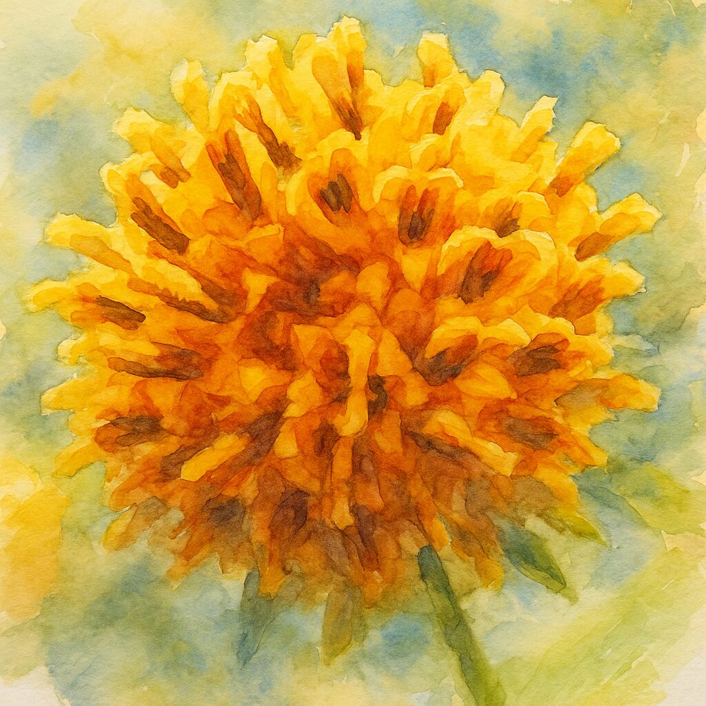 コセンダングサの橙黄色の筒状花を球状に描いた水彩画風イラスト。多数の筒状花の立体感と独特の質感を柔らかいタッチで表現した作品