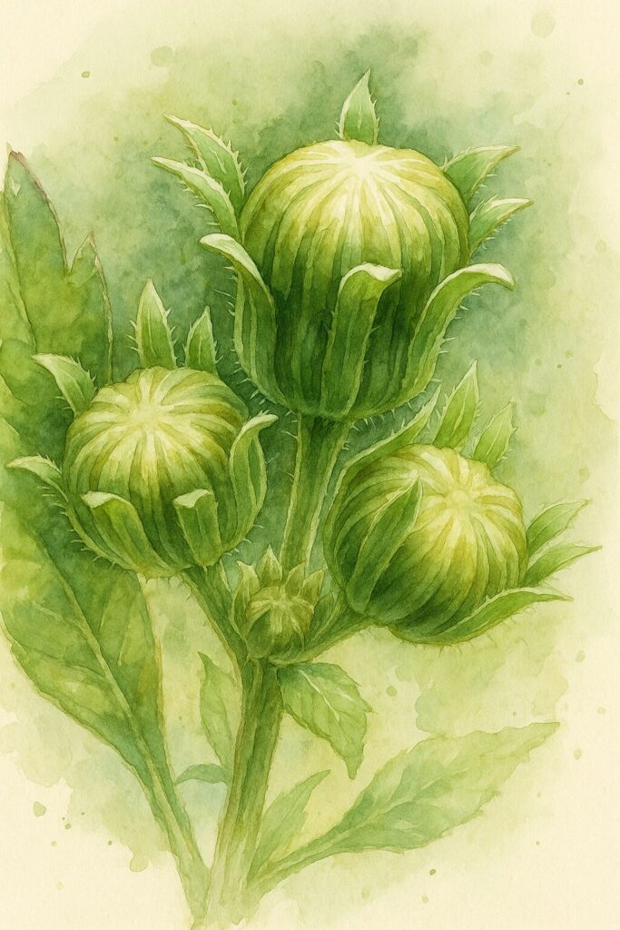 コセンダングサの開花前の緑色の蕾を植物画風に描いた水彩イラスト。3つの蕾と毛のある総包片の質感を柔らかいタッチで表現した作品