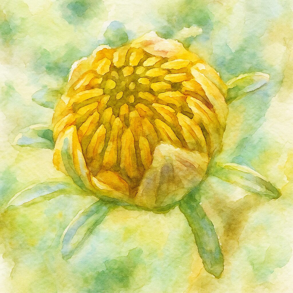 コセンダングサの蕾が開きかけた状態を描いた水彩画風イラスト。中心の筒状花が黄色く見え始め、総包片の毛の質感を柔らかいタッチで表現した作品