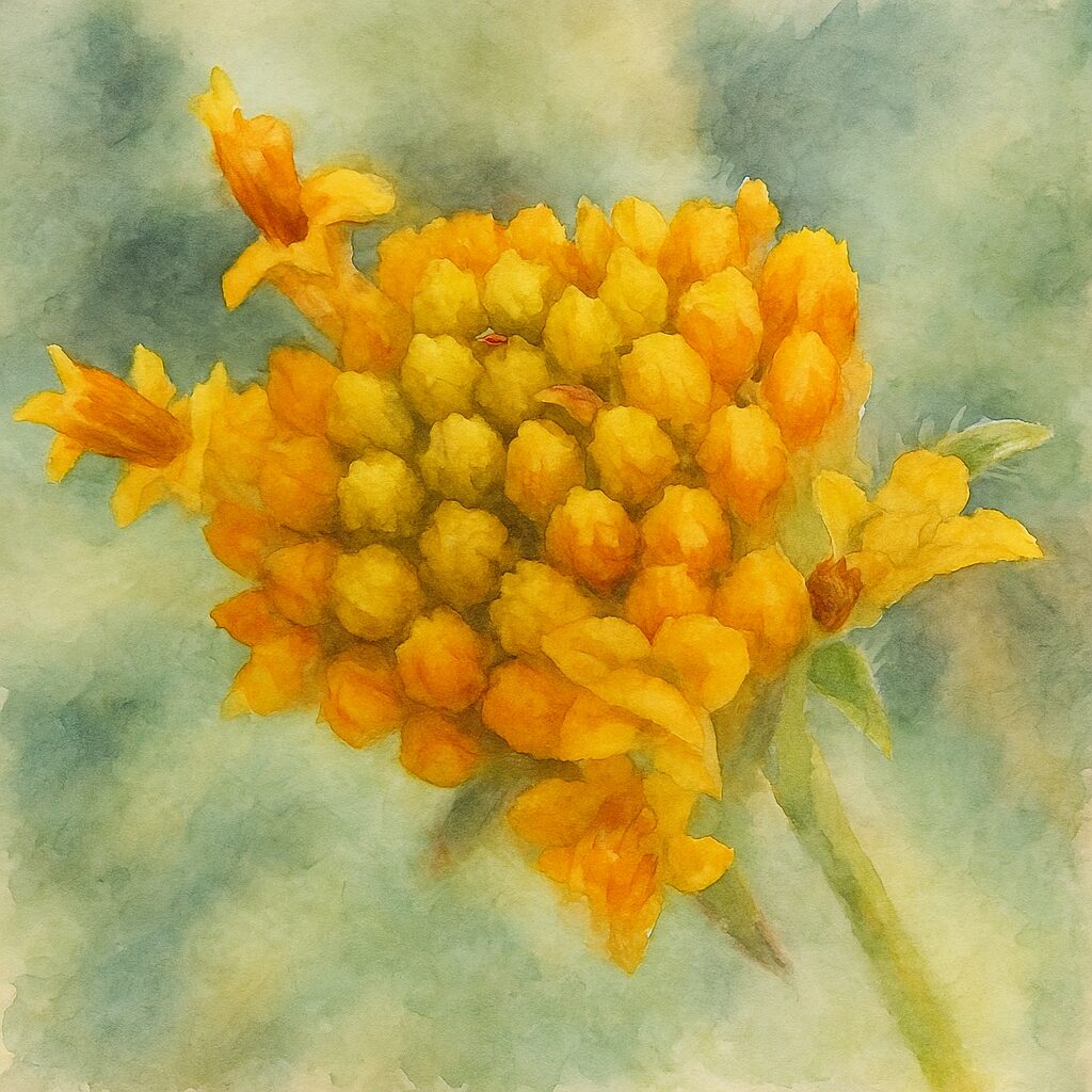 コセンダングサの開花初期の花序を描いた水彩画風イラスト。立ち上がり始めた黄色い筒状花の質感と密集感を柔らかいタッチで表現した作品