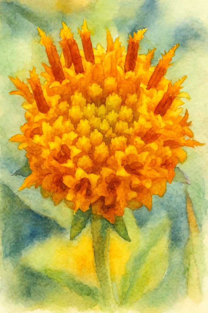 コセンダングサの完全開花した花序を描いた水彩画風イラスト。黄色い筒状花と褐色の柱頭の立体感と密集感を柔らかいタッチで表現した作品